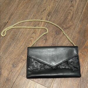 Henri Bendel Black Leather Clutch with Gold Chain